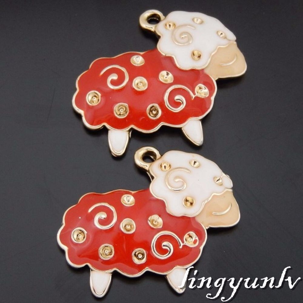 8 pcs Enamel Plated Cute Sheep Charms Necklace Pendant Craft Findings 50619