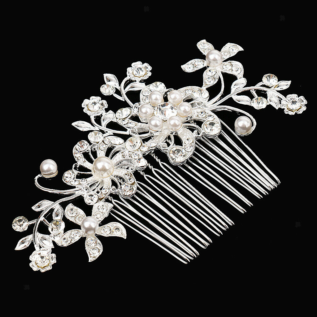 Women Bridal Wedding Flower Crystal Rhinestones Pearls Hair Clip Comb