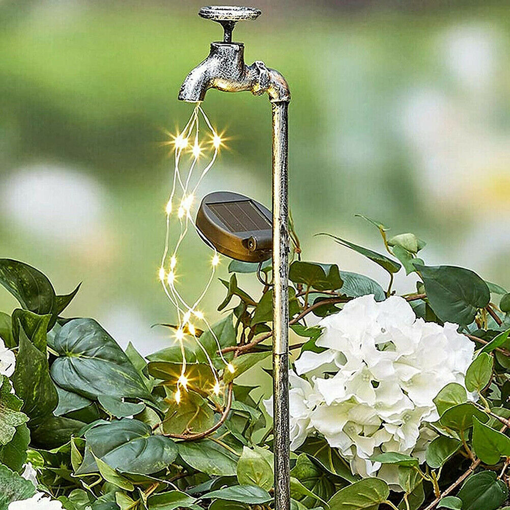 Solar Garden Yard Stake WATER FAUCET PLANTER Fairy Light Lawn Art Outdoor Decor