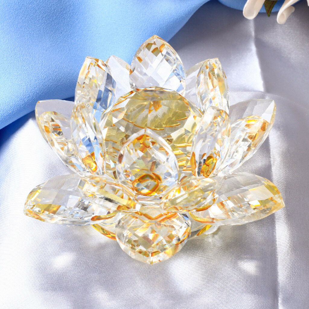 Large Crystal Lotus Flower Ornament with Gift Box, Feng Shui Decor Yellow