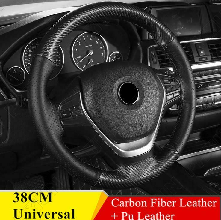 38CM Carbon Fiber & Leather Steering Wheel Cover Trim Hand Sewing DIY Universal