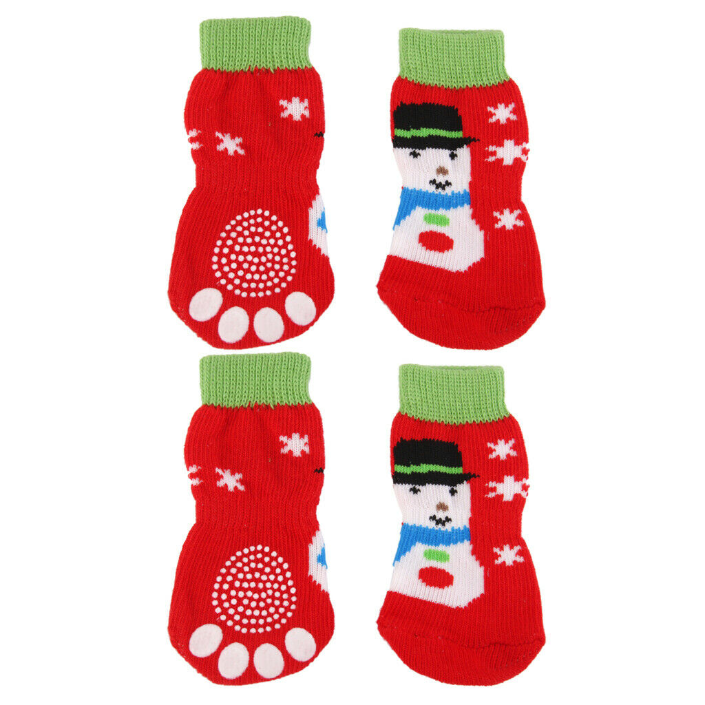 4 x Red Christmas Snowman Non Slip Dog Socks, Dog Paw Protection to Provide