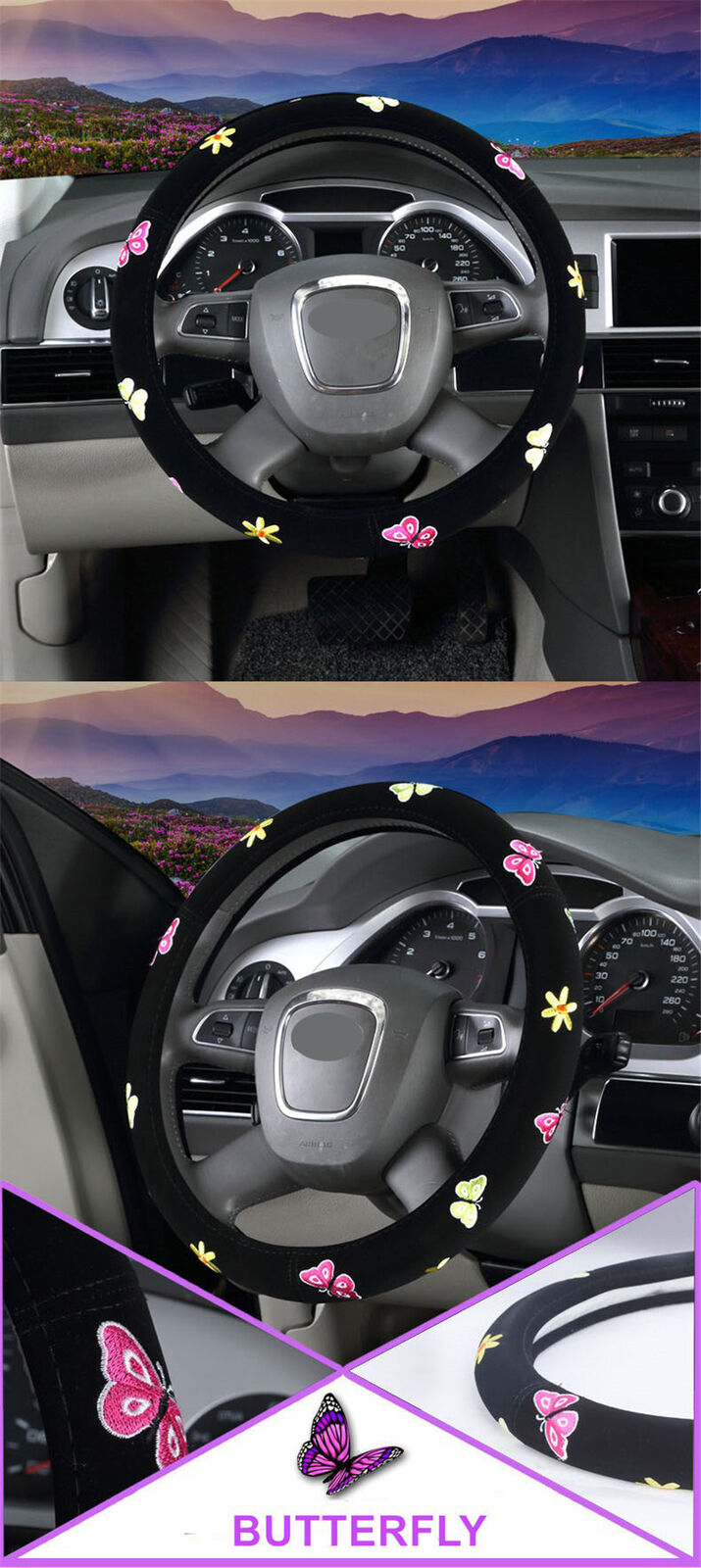 Universal 38cm Butterfly Flower Embroidery Car SUV Interior Steering Wheel Cover