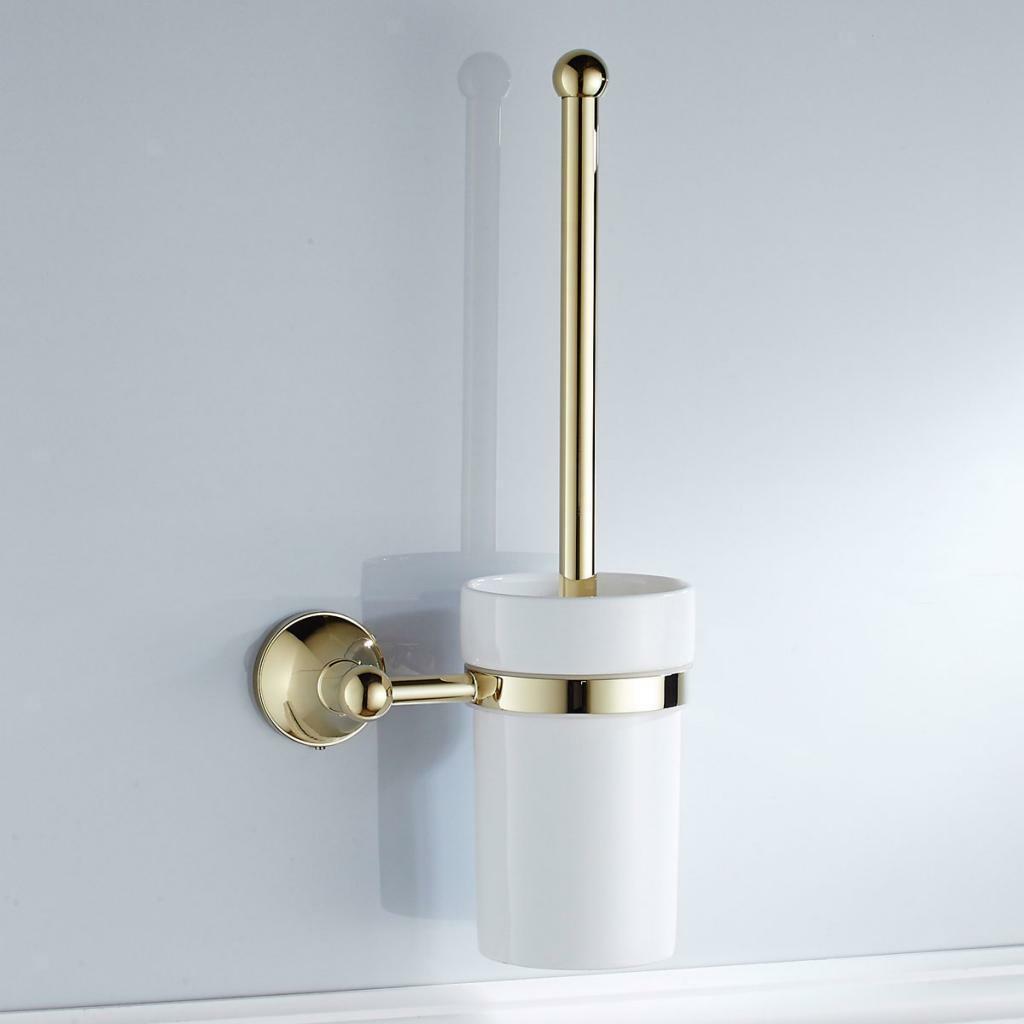 New Golden Brass Bathroom Toilet Cleaning Brush Holder Cup Wall Mounted Set