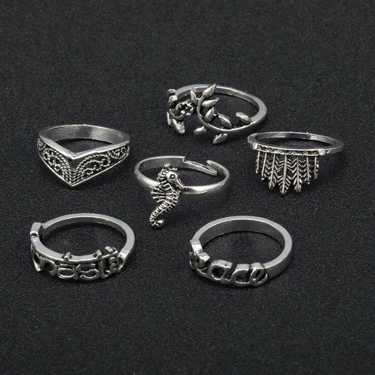 6pcs/Set Feather Hippocampus Ocean Knuckle Ring Peace Carved Flower Rings Set
