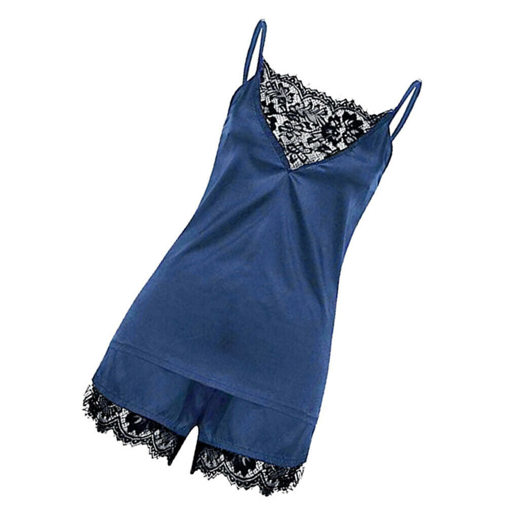 Womens Sexy Lace Satin Sleepwear Cami Top and Shorts Pajama Set Blue XL