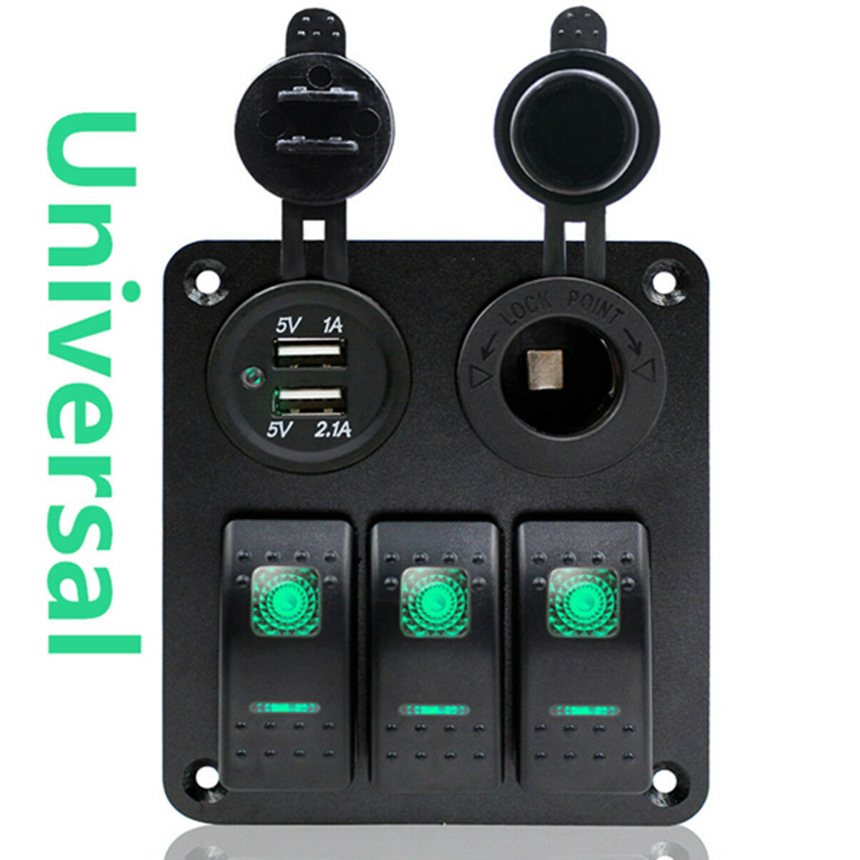 Universal 3 Gang Rocker Switch Panel Green LED Double USB for RV Car Marine Boat