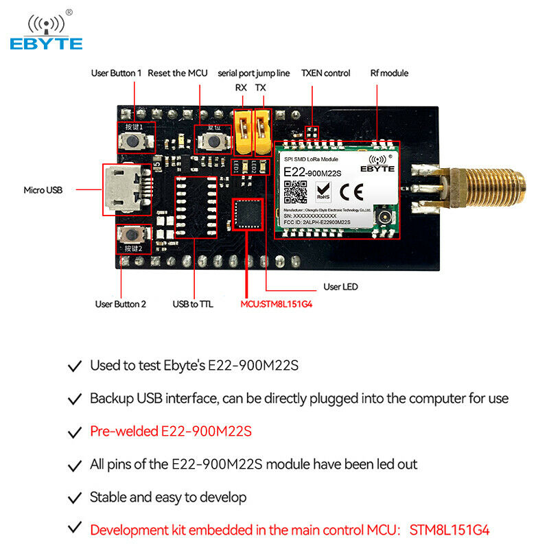 SX1268 Test Board Version Plus Antenna Plus Usb Adapter Cable Set E22-400MBL-01