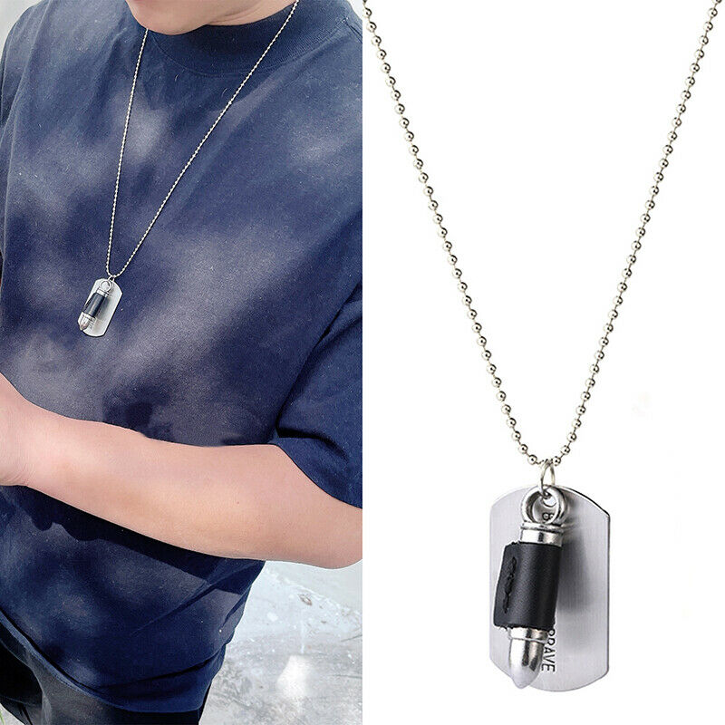 Mens Military Bullet Charm Dog Tags Single Embossed Chain Pendant Neckla.l8