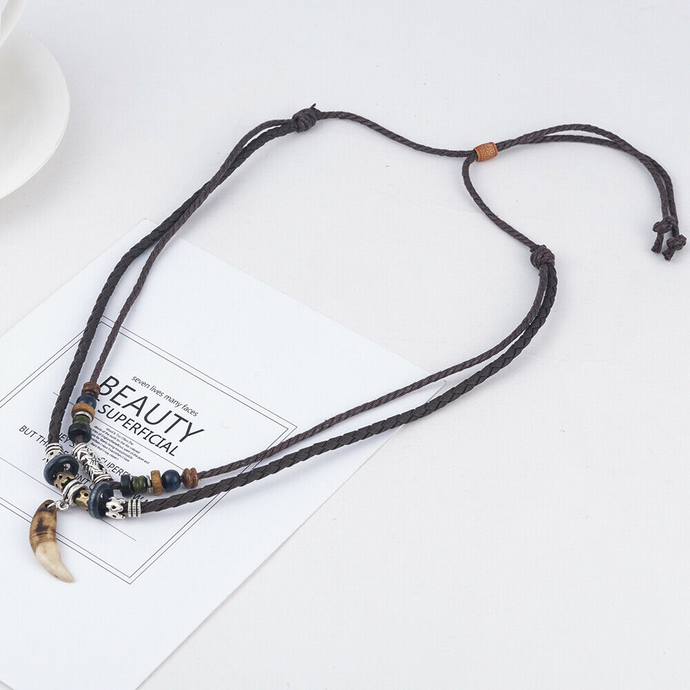 Men's Boho Amulet Wolf Tooth Pendant Beaded Weaved Rope Necklace Jewelry Gift