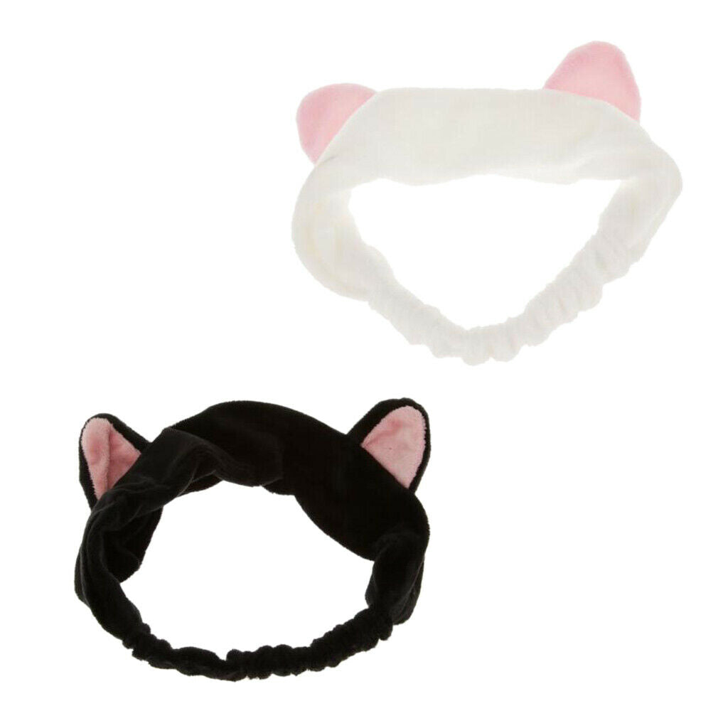 2x Cat Ear Hairband Elastic Hair Wrap Face Wash Shower Makeup Snood Headband