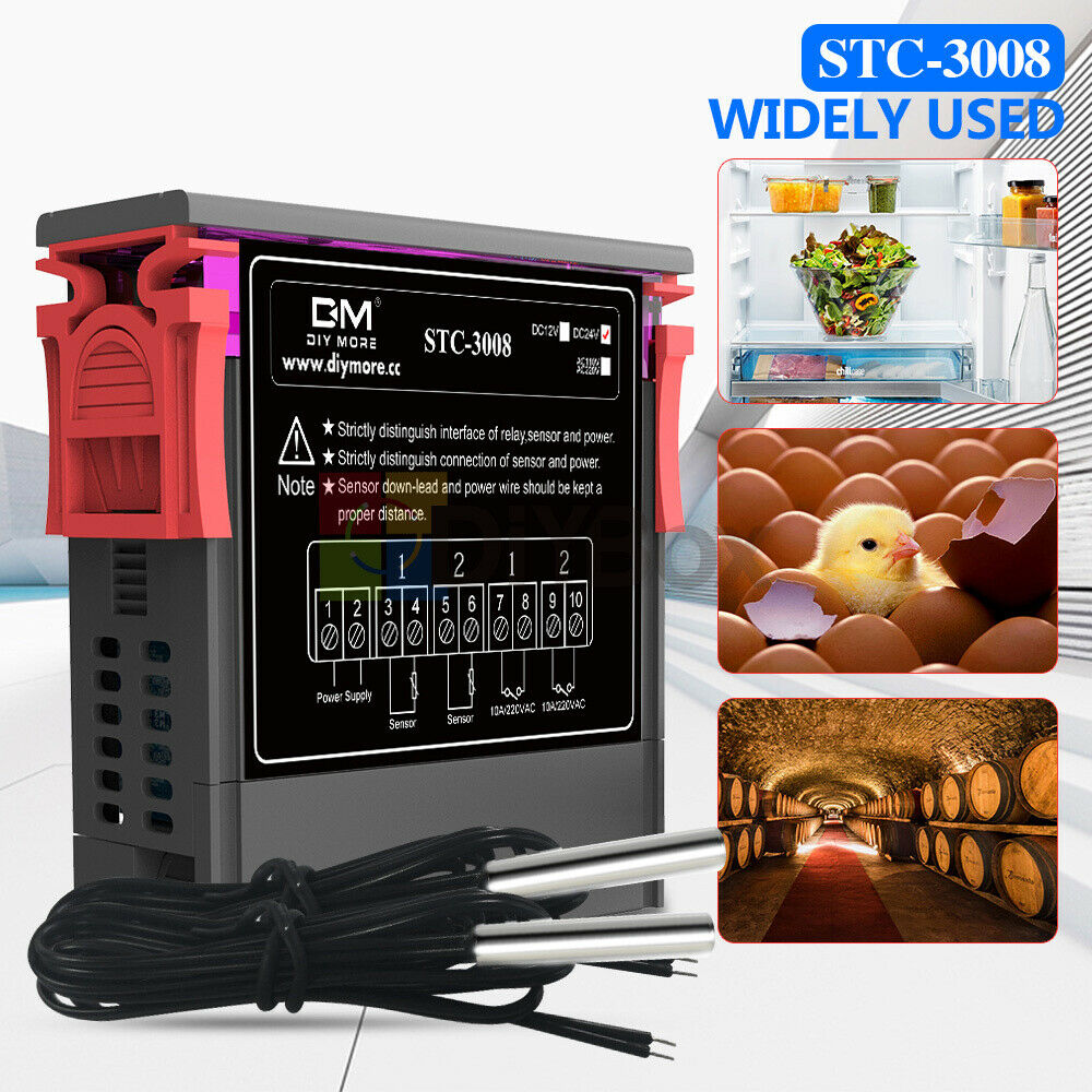 STC-3008 Dual LED Temperature Controller Thermostat+ NTC Probe 12V 24V 110-220V