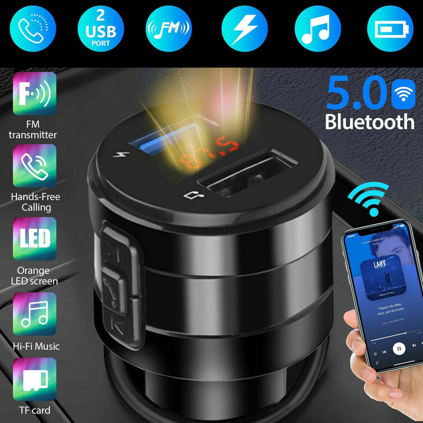 Bluetooth 5.0 Wireless Car FM Transmitter Music MP3 AUX Radio 2 USB Charger LED