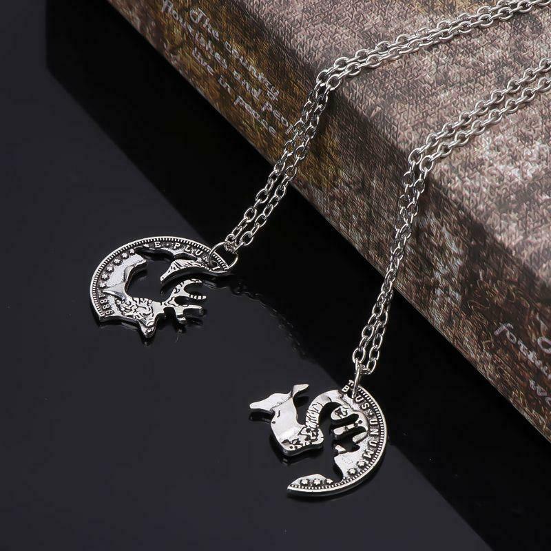 Deer Heads Lover Puzzle Necklace Set Quarter Coin Cut BBF Couple Fashion Jewelry
