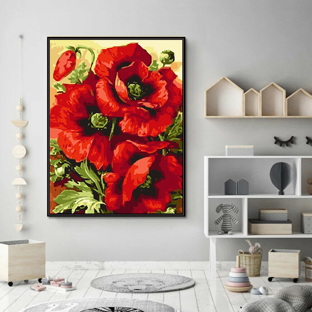 Frameless Digital Oil Painting Kit Red Flower For Decor Painting Learning