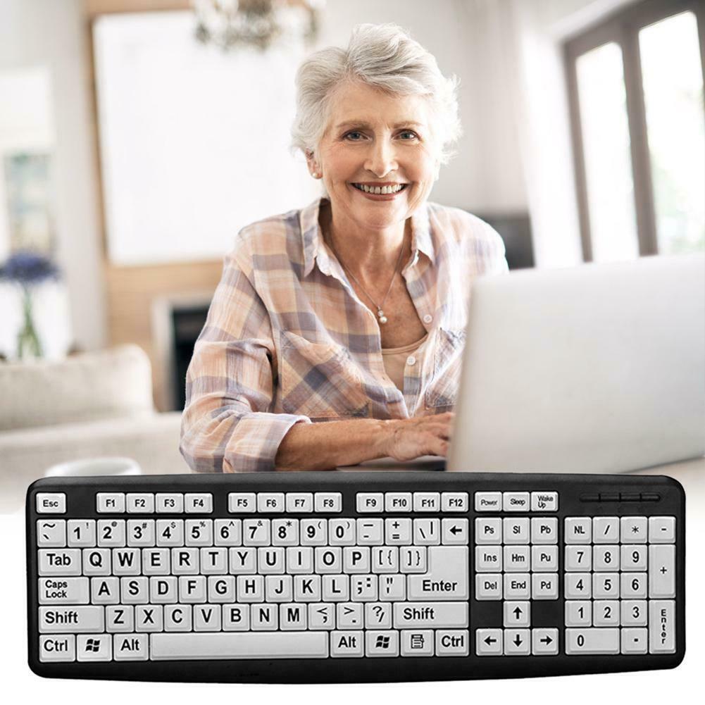 107 Keys USB Wired Large Print White Keys Black Letter Keyboard for Elderly Old