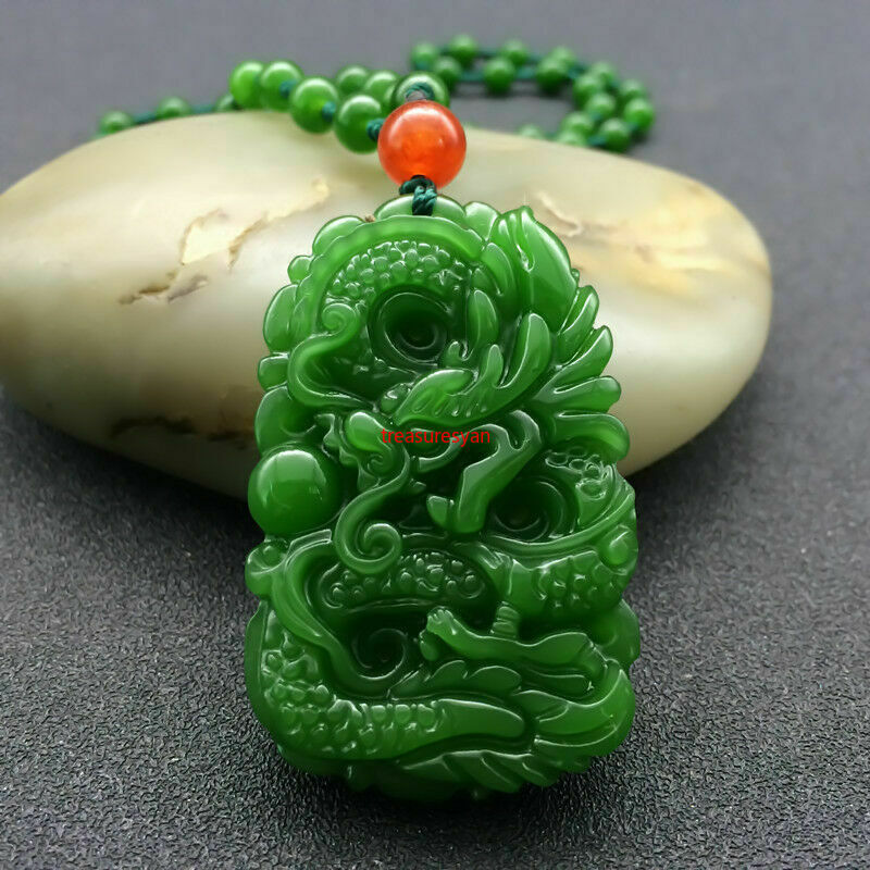 Natural Green Hand-carved Chinese Hetian Jade Pendant - Dragon-Free Necklace100%