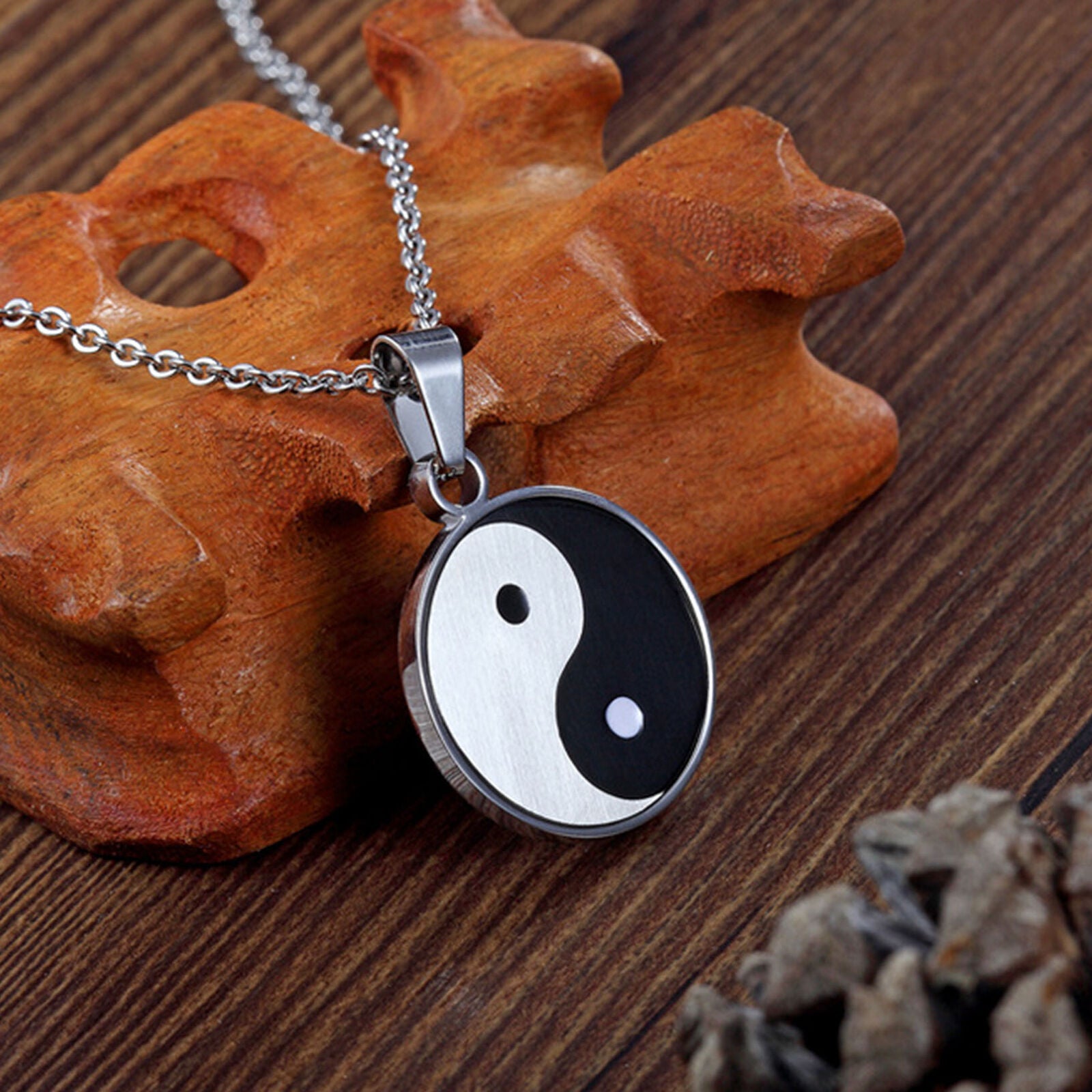 Men Stainless Steel Yin Yang Tai Chi Bagua Pattern Pendant Necklace Chain