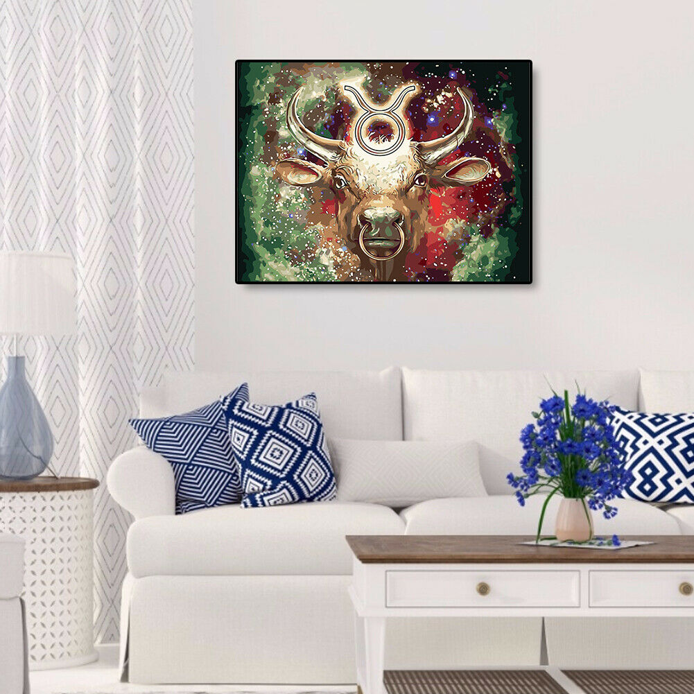 Oil Painting By Numbers Kit DIY Cow Head Canvas Hand Painted Art Wall Decor @