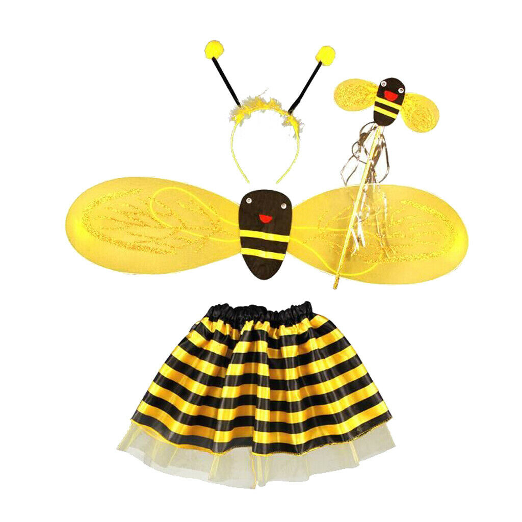 4Pcs Girls Bee Costume Fairy Party Dress Halloween Outfit Headband Skirt Set