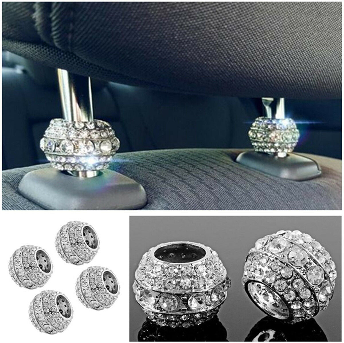 4x Chrome Plated Luster Crystals Car Interior Headrest Collars Decor Luxury Look