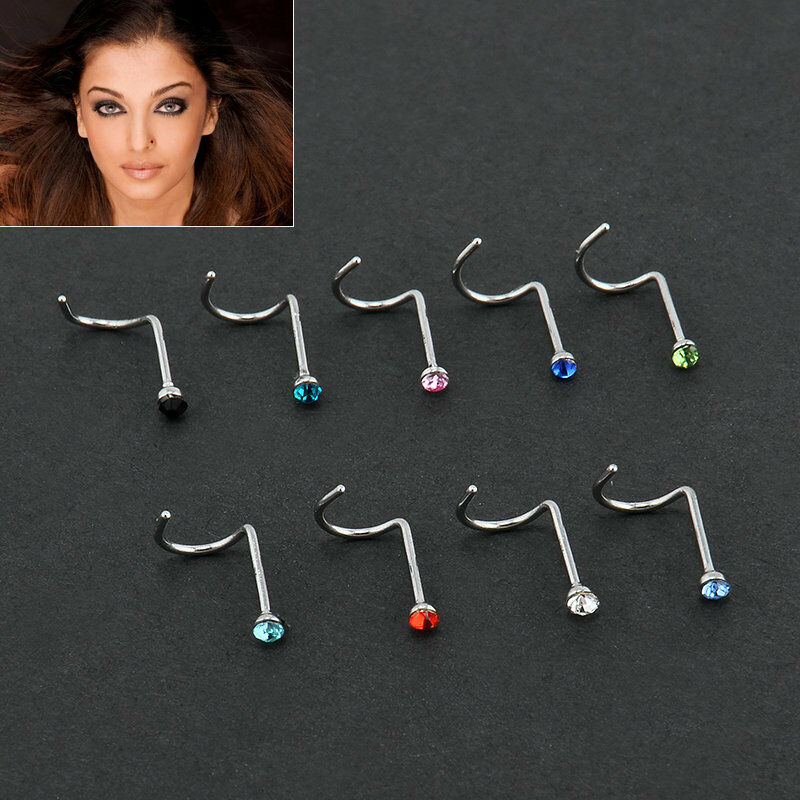 10x Rhinestone Piercing Screw Hoop Stainless Steel Nose Ring Studs Body Jewelry