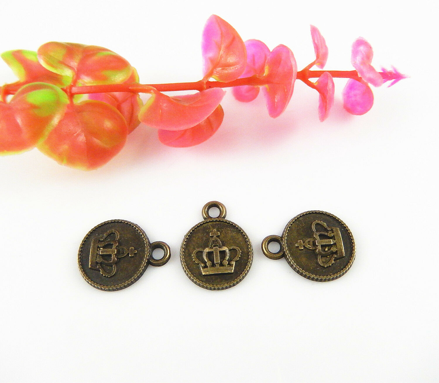 Lot of (45x) Antiqued Bronze Metal Charm Crown Engraved Pendant Findings 15 MM