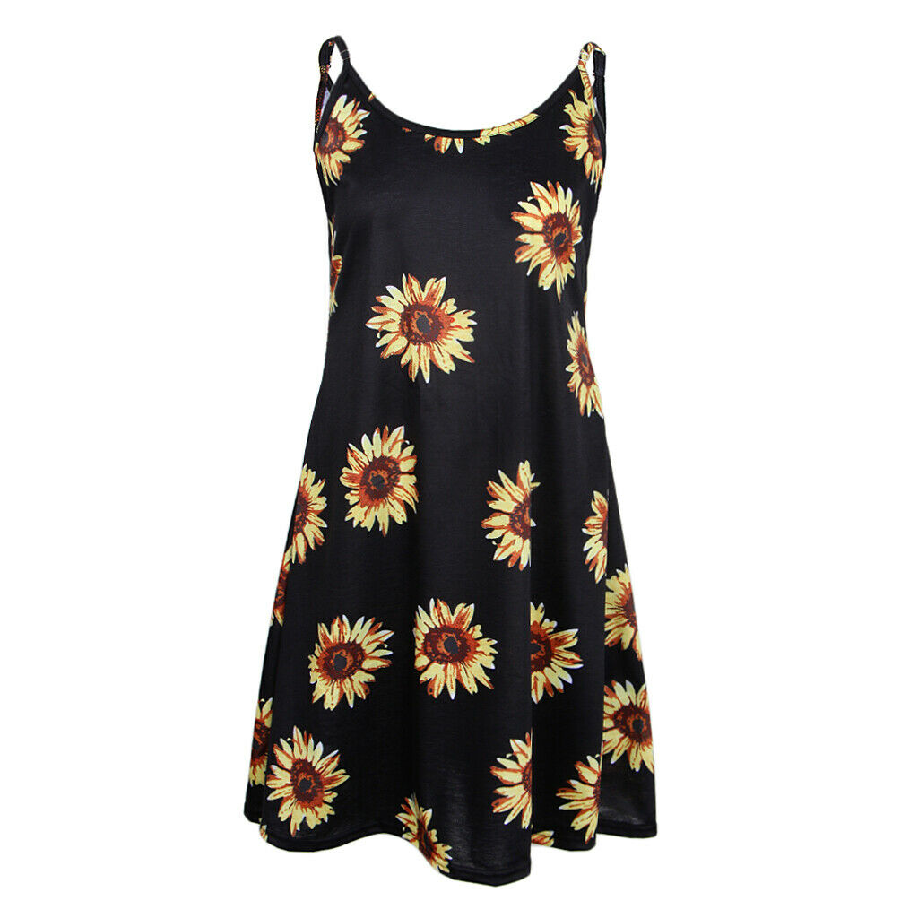 Women's Summer Sleeveless Adjustable Strappy Floral Swing Dress Sunflower L