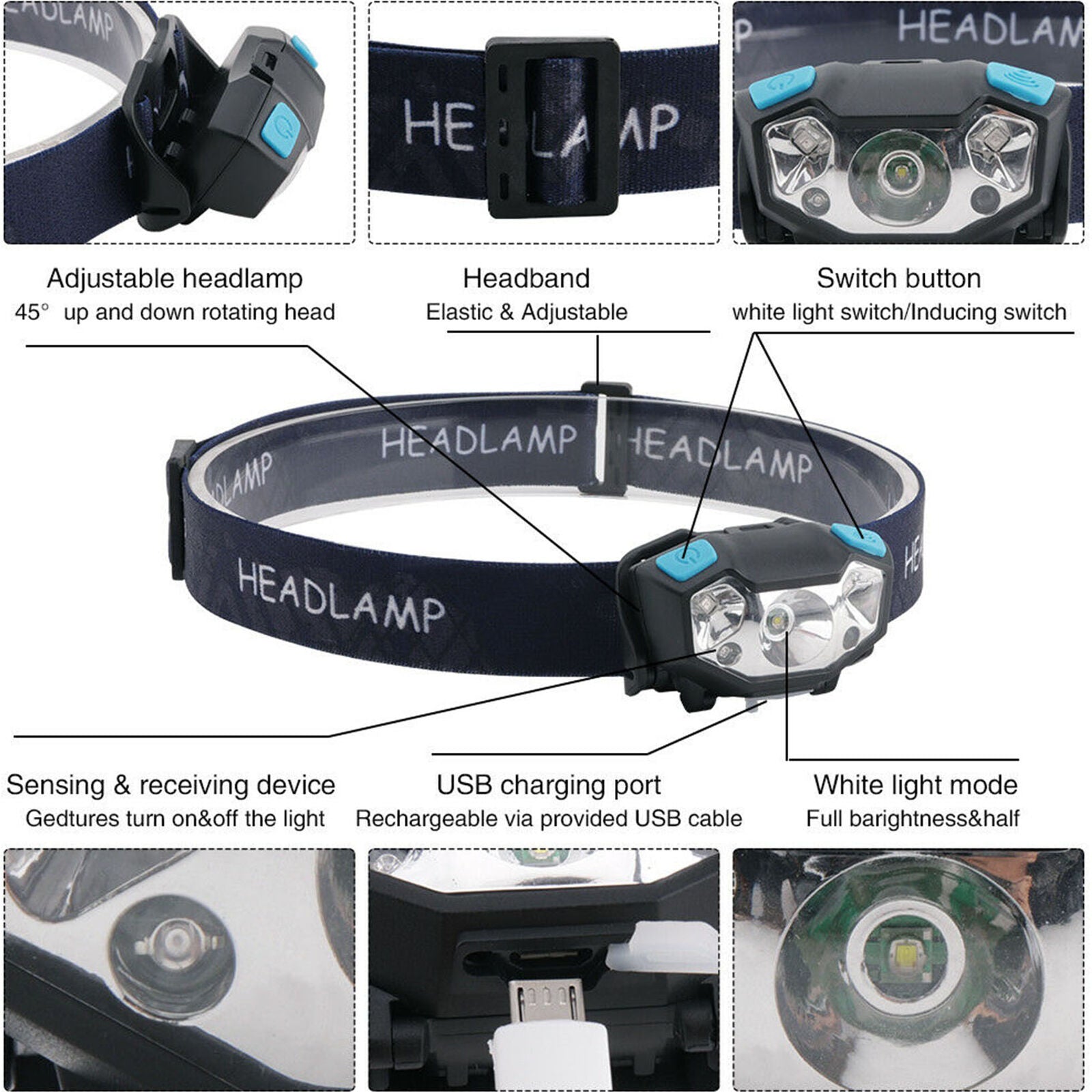 Red WHITE XPE USB Headlamp 6 Lighting Modes Head Lamp ipx4 with Motion Sensor