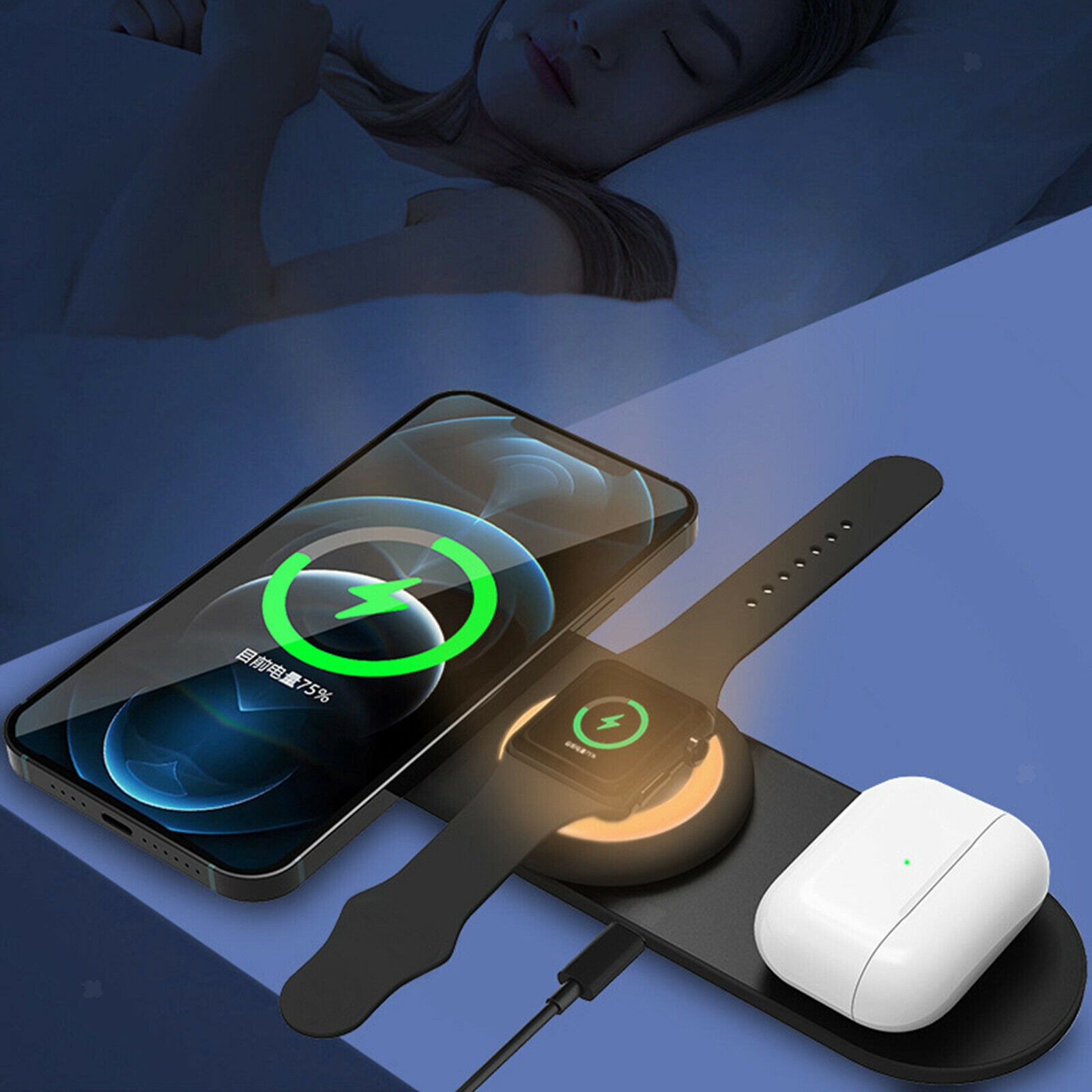 360° Rotation 3 in 1 Foldable Wireless Fast Charger Charging Station Black