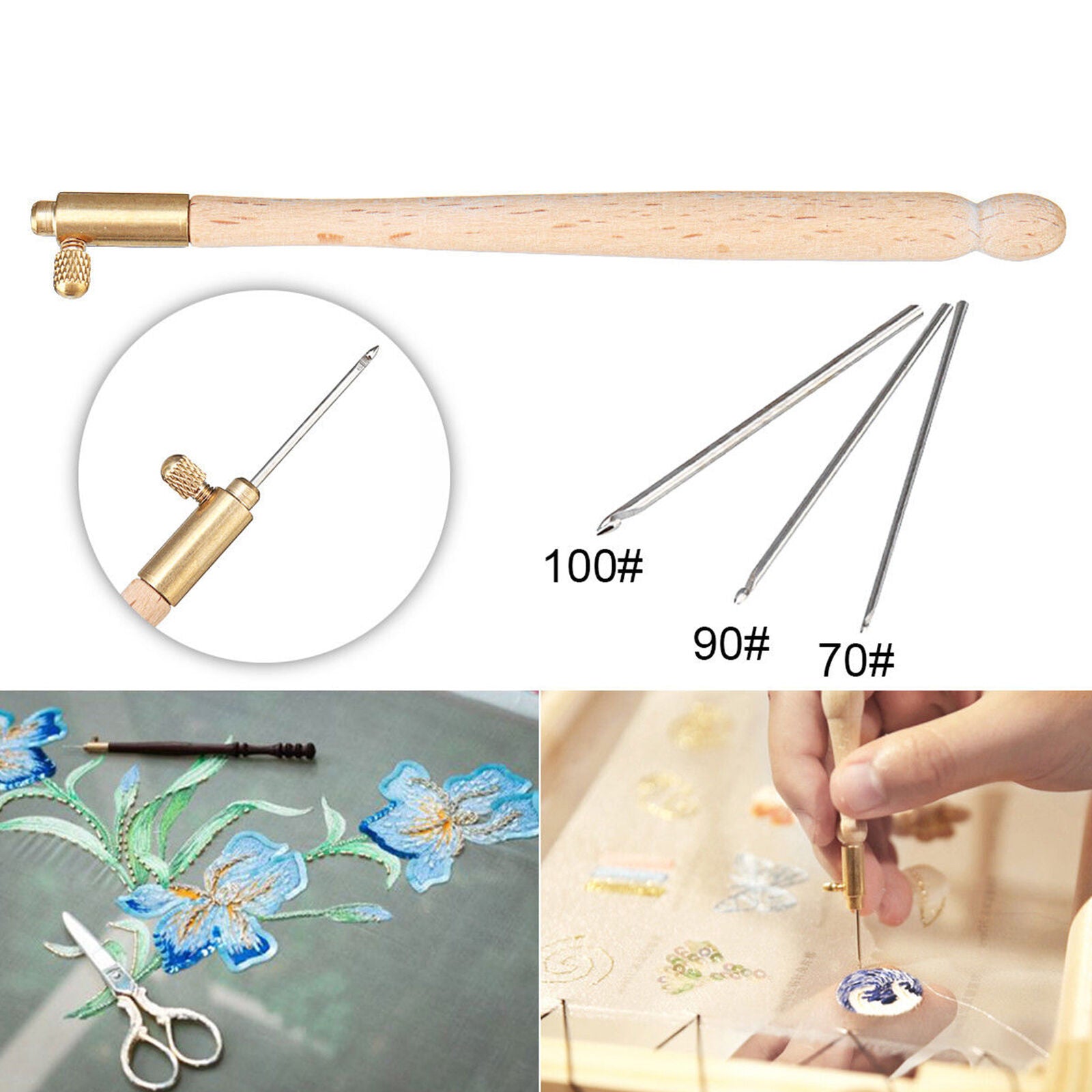 4Pcs Tambour Hook Handle Needle 70/90/100 French Embroidery Crochet Flower Bead