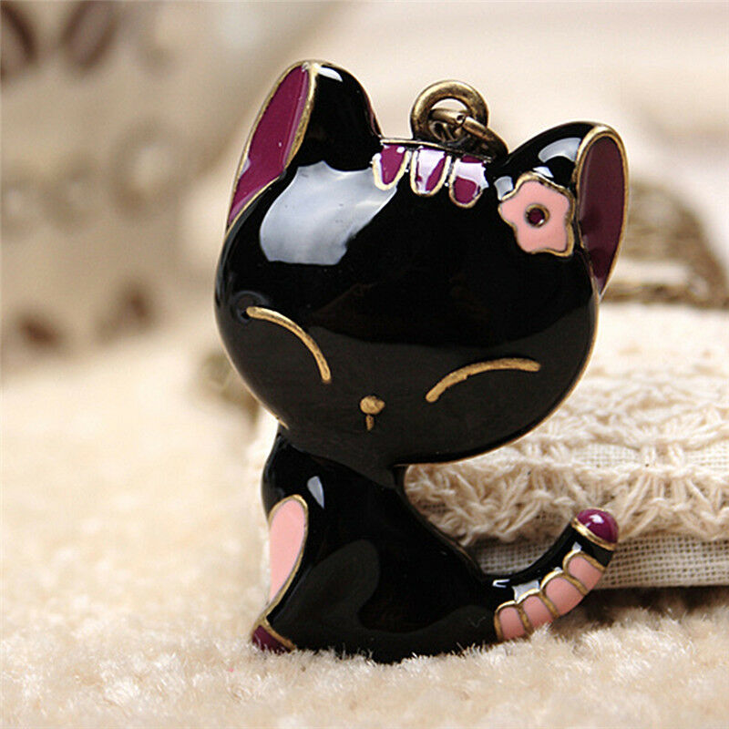 Retro Jewelry Black Drip Paint Smile Cat Pendant Necklace Long Necklac.l8