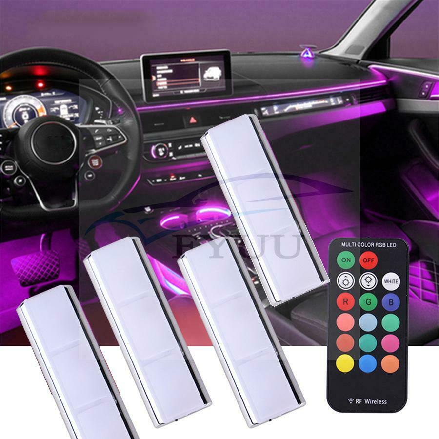 4Pc Remote Car Ambient  RGB LED Wireless Lamp Charging Foot Light Interior Light