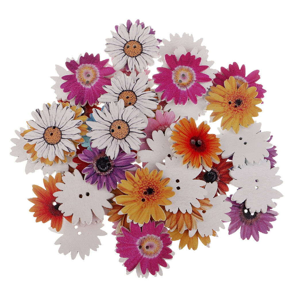 100x Mixed Daisy Flower Wooden Decorative Craft Buttons for Decoration 25mm