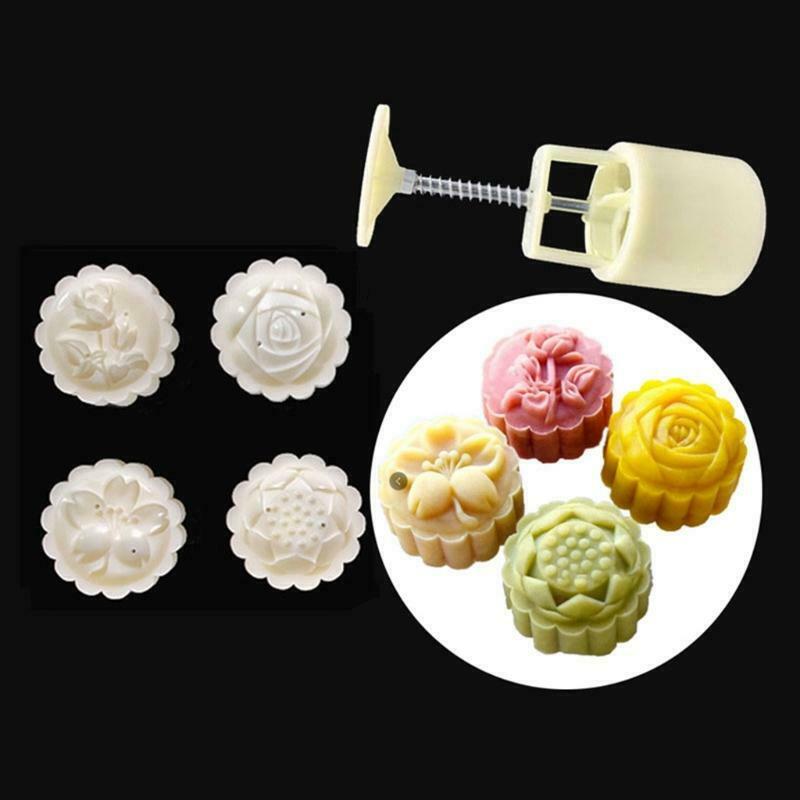 4 Round Rose Flower Stamps 50g Mooncake Mold Cookie Cutter Hand Press Mould