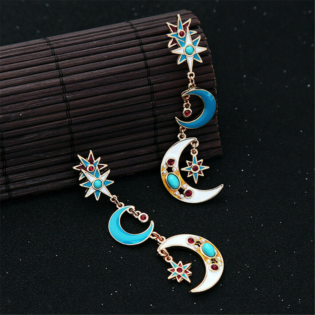 Metal Alloy Cute Charms Long Tassel Earrings Enamel Star Moon Stud Dangle