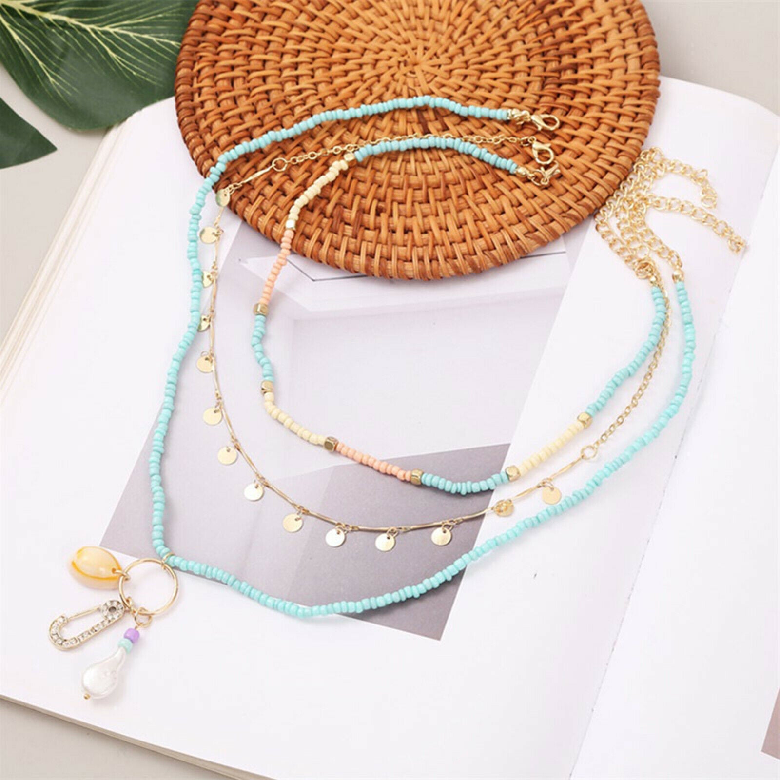 3pcs Womens Charm Trendy Beads Shell Necklace Beach Choker Fashion Accessory