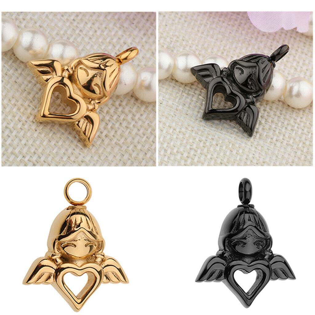 Stainless Steel Angel Wings Heart Urn Necklace Pendant Ashes Keepsake 2Pcs