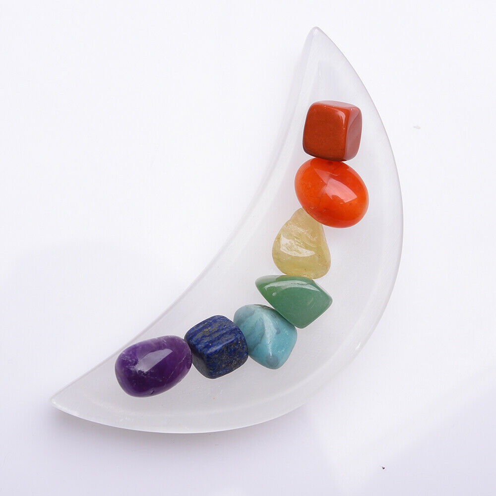 Selenite Moon Bowl With Chakra Stones Charging Crystal Bowl Ritual Reiki Gift