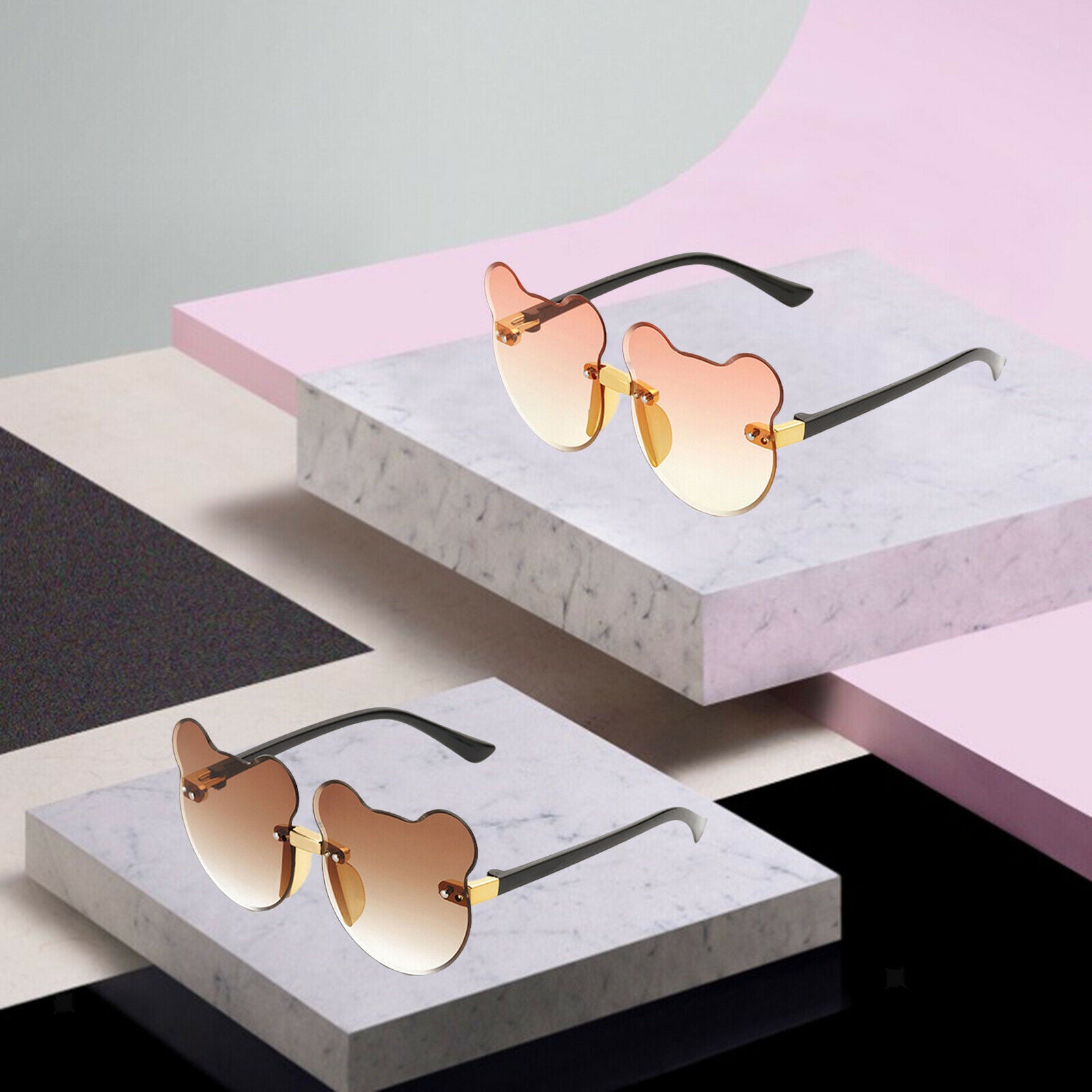 Set of 2 Summer Lovely Cat Ear Sunglasses Rimless Decor Boys Girls Glasses