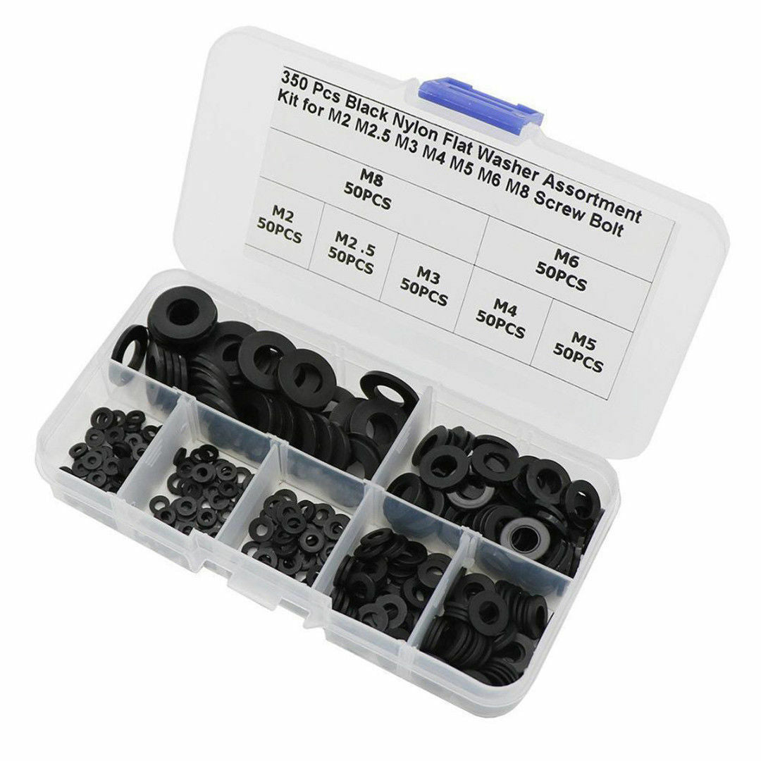 350pcs Set 7 Sizes Black Nylon Flat Washer Assortment Kit M2/M2.5/M3/M4/M5/M6/M8