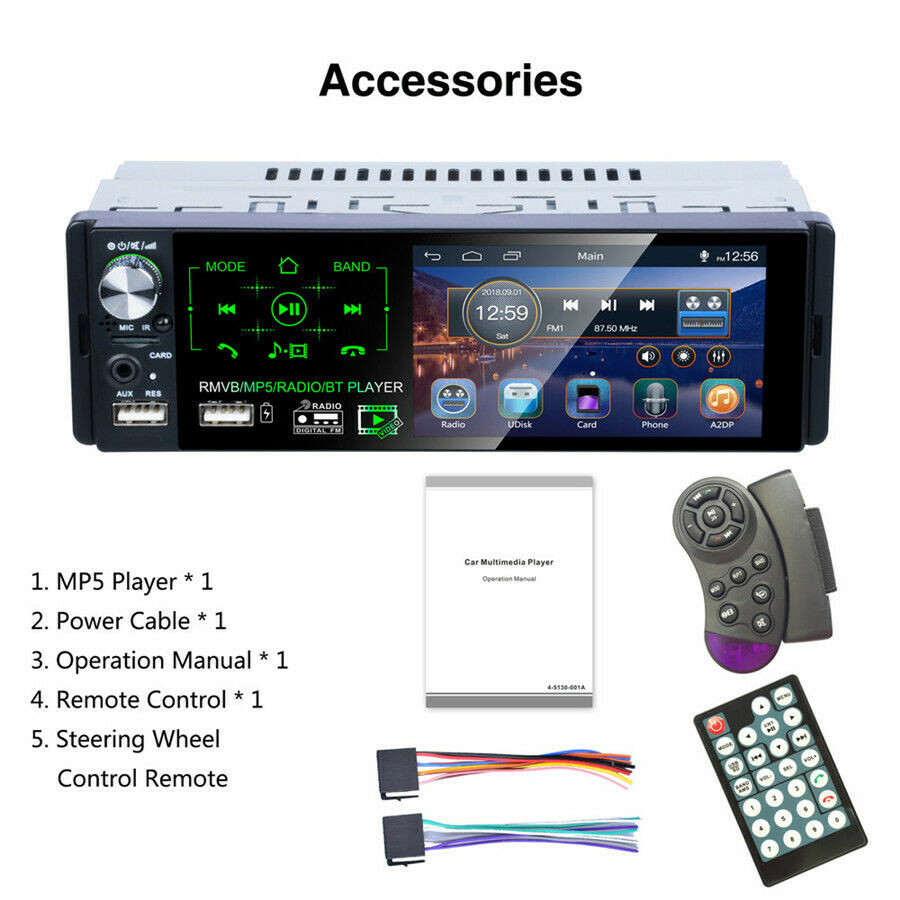 4.1'' 1DIN Stereo Radio Bluetooth FM Dual USB MP5 Player Steering Wheel Control