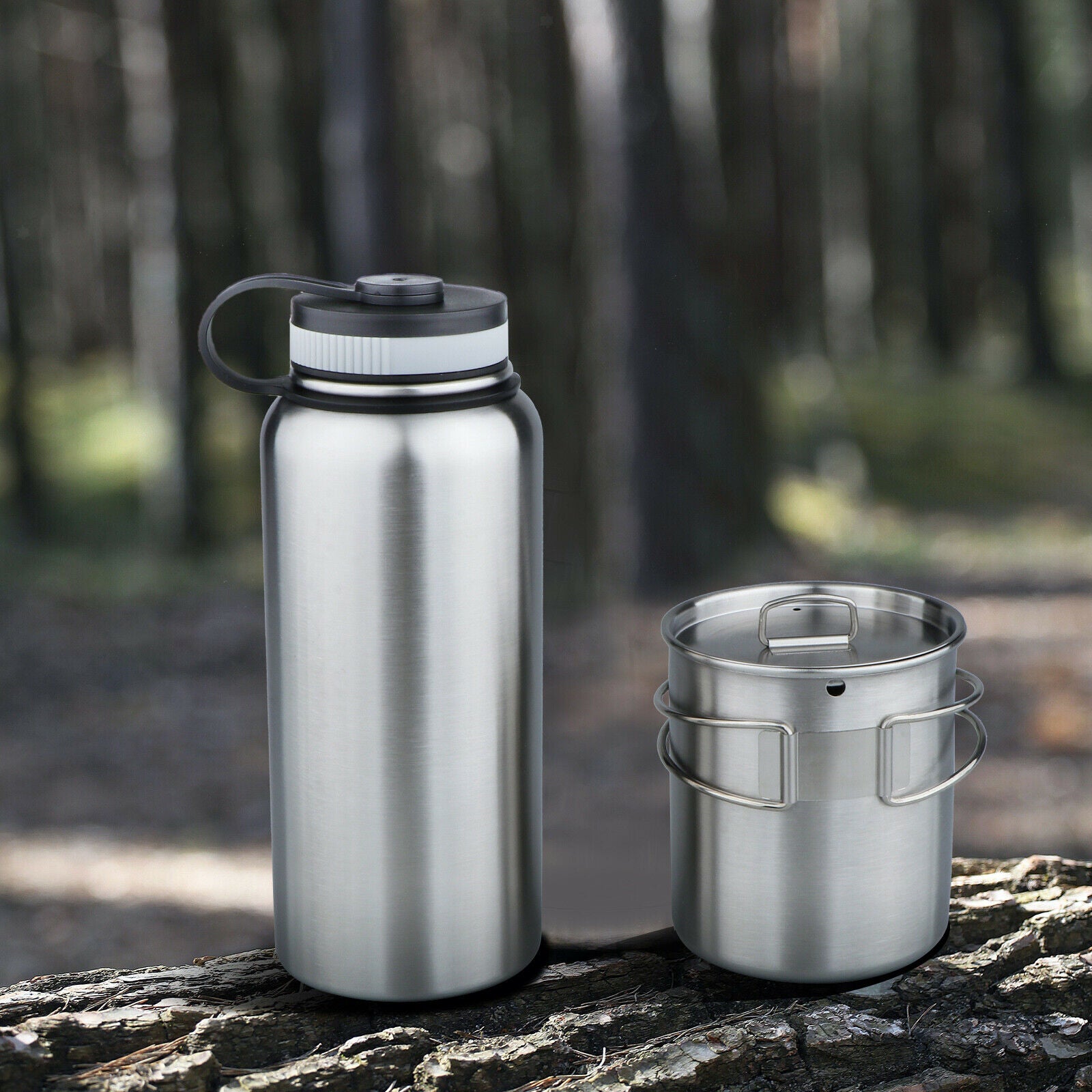 2X Outdoor Pot Camping Hiking 1000ml Stainless Steel Bottle 750ml Bowl Coffee