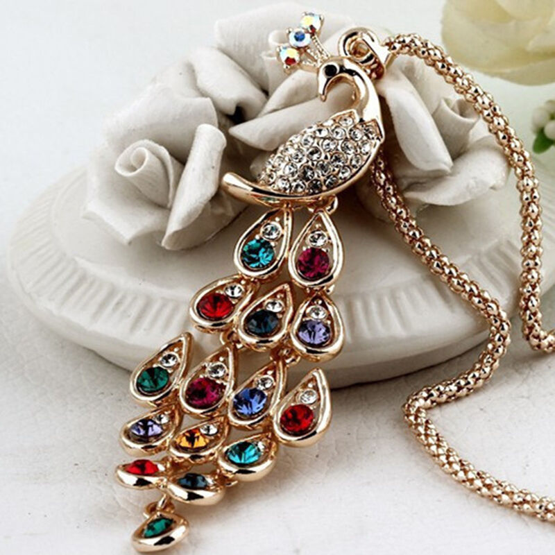 Trendy Peacock Pendants Long Colorful Crystal Necklace for Women Beaut.l8