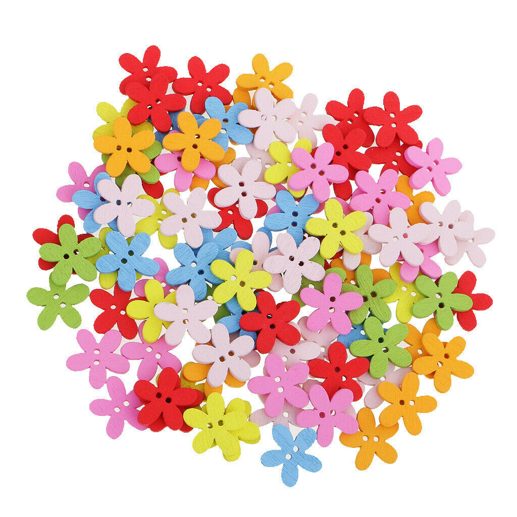 100Pcs Wood Buttons Sewing Scrapbooking Crafting Flower Shaped 2 Holes Mixed
