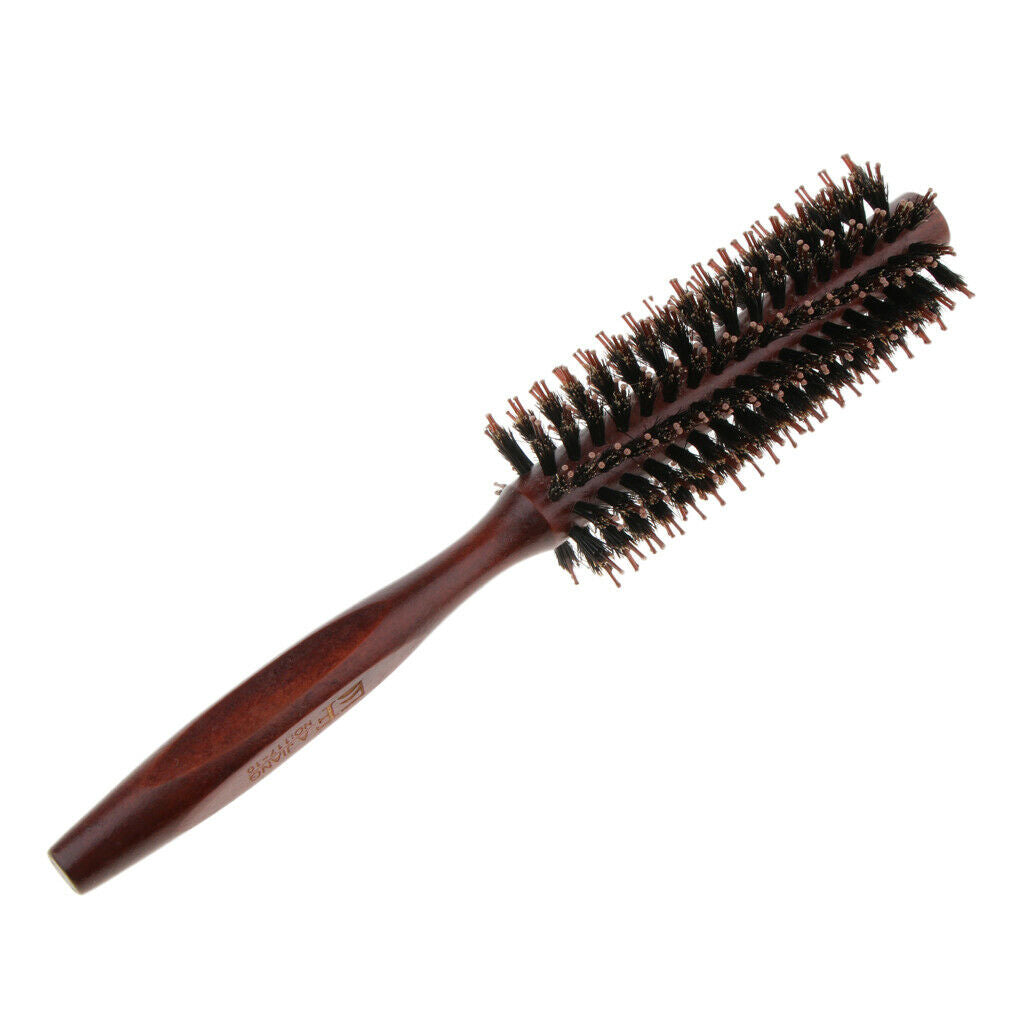 Wood Handle Round Comb Natural Bristle Hairdressing Hairbrush Twill Teeth