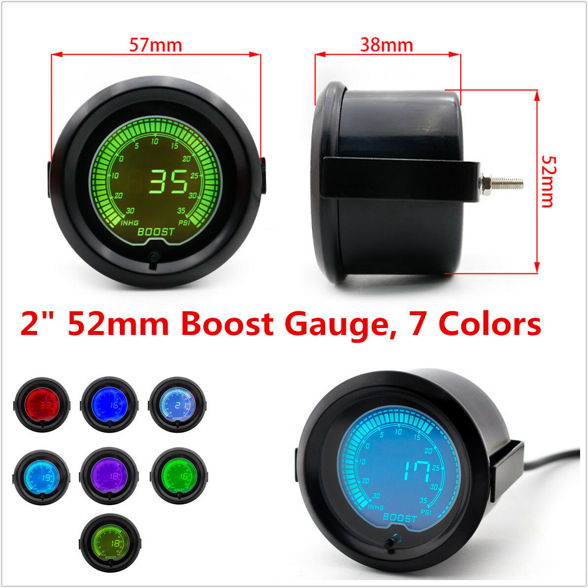 7 Color Digital LED Light 2" 52mm Vehicle Car Turbo Boost Vacuum Gauge Meter Psi