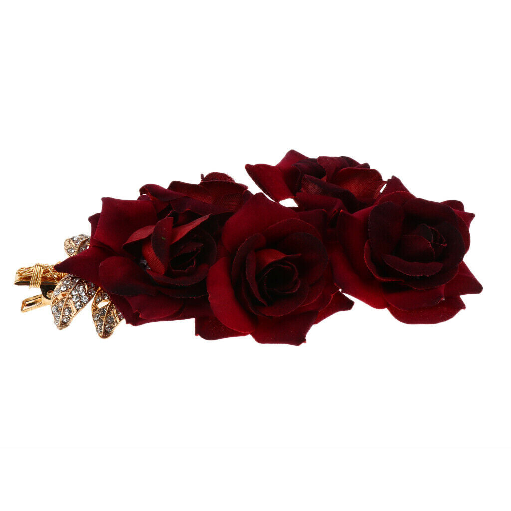 15x7cm Red Cloth Rose Wedding Hair Pins for Brides with Bling Rhinestones