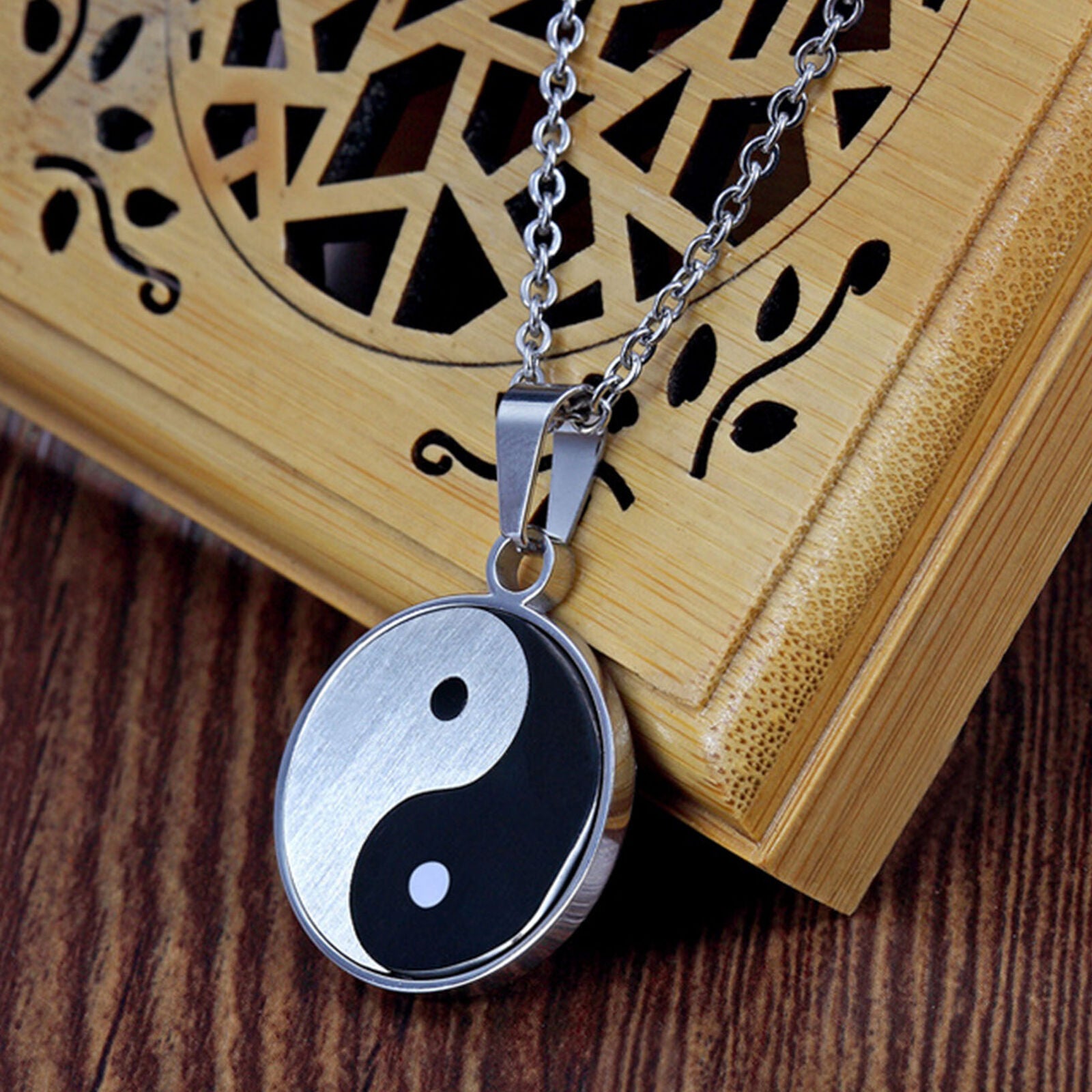 Men Stainless Steel Yin Yang Tai Chi Bagua Pattern Pendant Necklace Chain