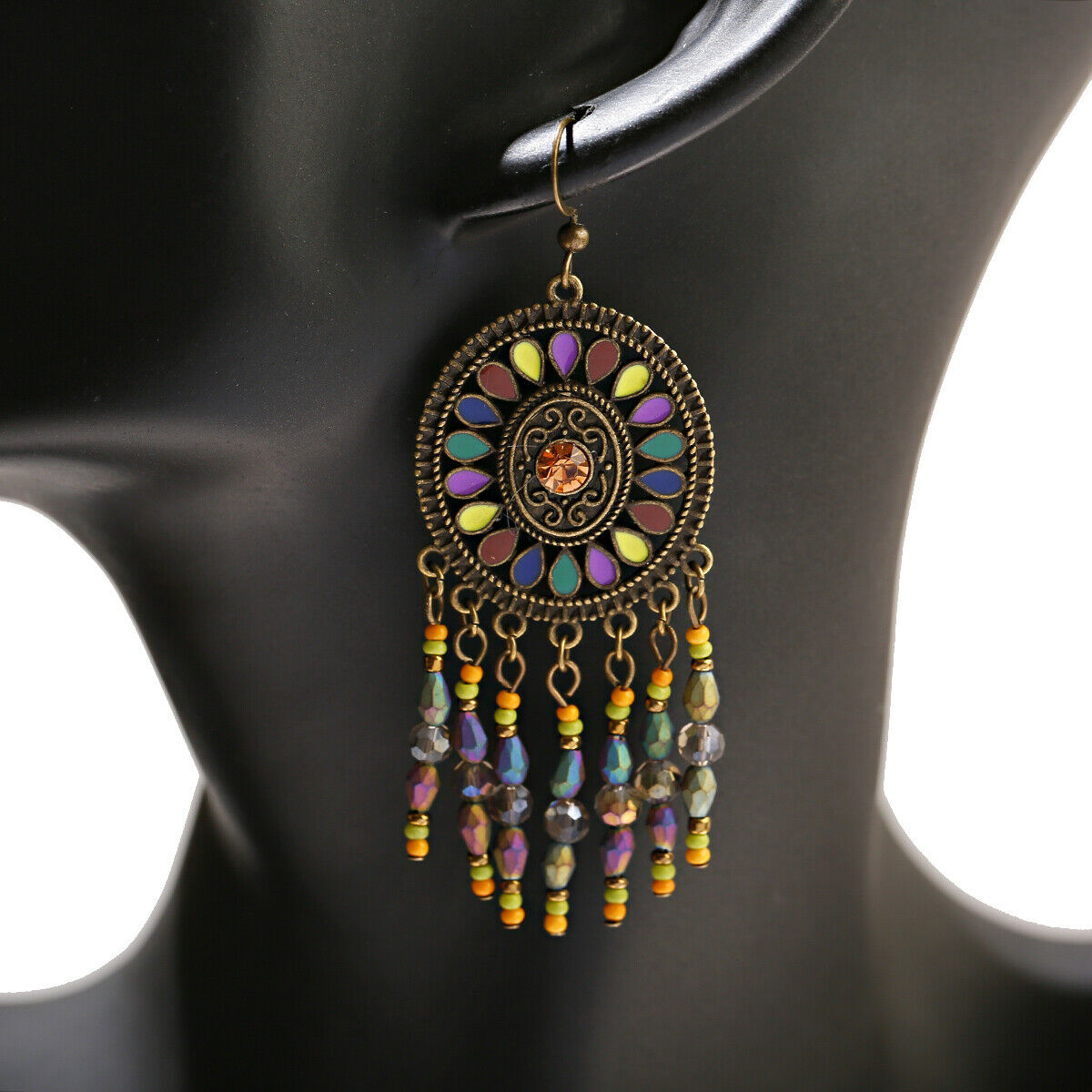 7 Colors Round Crystal Circle Dangle Tassel Women Bohemia Jewelry Hook Earrings